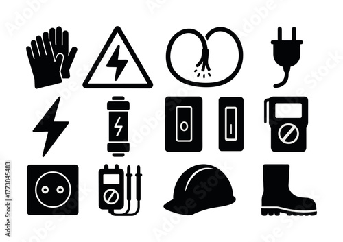 Essential safety and electrical equipment icons: gloves, signs, tools, and gear