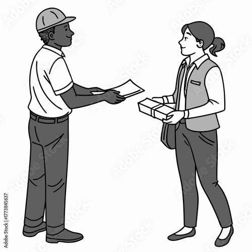 Delivery person wearing a cap hands over documents to a woman holding a package and a bag