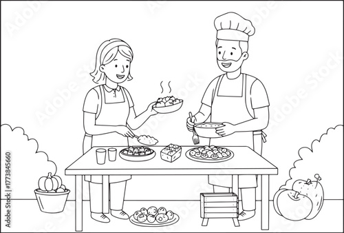 Couple engages in culinary pursuits preparing food and autumn ha