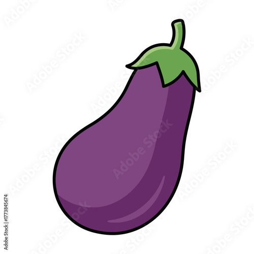 Brinjal (Eggplant) Vector Illustration: Whole Purple Vegetable with Green Stem, Vegan Day, Plant-Based Diet, Healthy Food