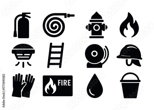 Fire safety icons: extinguisher, hydrant, smoke detector, helmet, fire hose