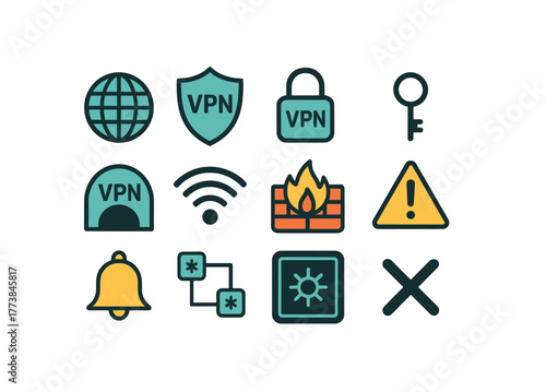 Internet security icons set: vpn, firewall, wi-fi, lock, key, network, alert, bell, settings