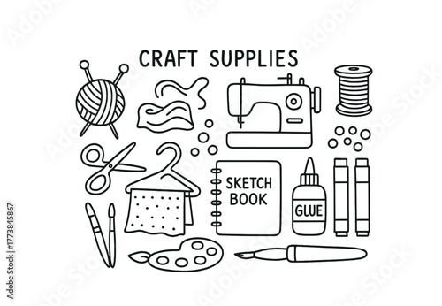 Vector Collection of craft supplies including sewing machine, yarn, scissors, markers, glue, and sketchbook