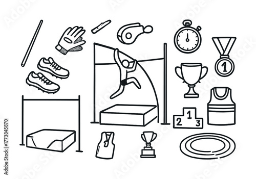 Vector Pole vaulting equipment and symbols: medals, whistle, stopwatch, track, trophy