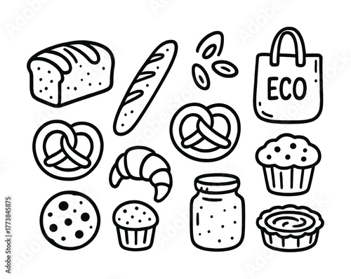 Vector Hand-drawn baked goods and reusable eco bag illustration