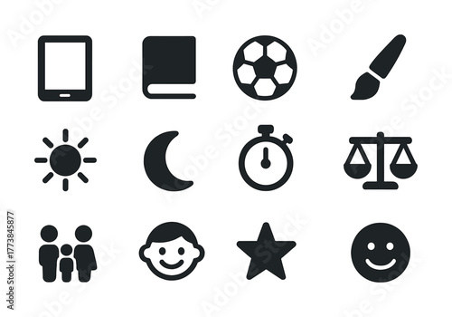 Vector Set of twelve black icon illustrations on education, sports, art, time, and emotions