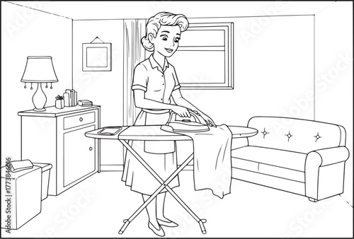 Vintage charm illustration housewife ironing in a fifties style