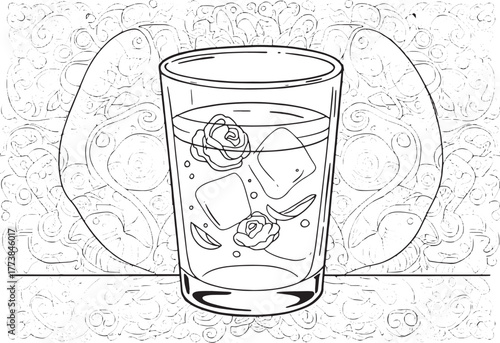 Elegant rosewater refreshment drawing with ice cubes against a s