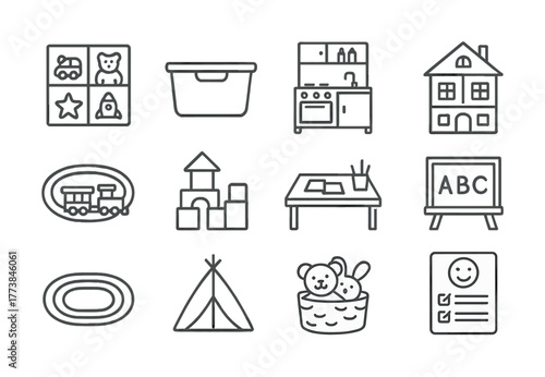 Vector Children's playroom icons set: toys, furniture, and activities for kids