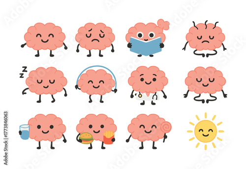 Cute cartoon brains with various expressions and activities