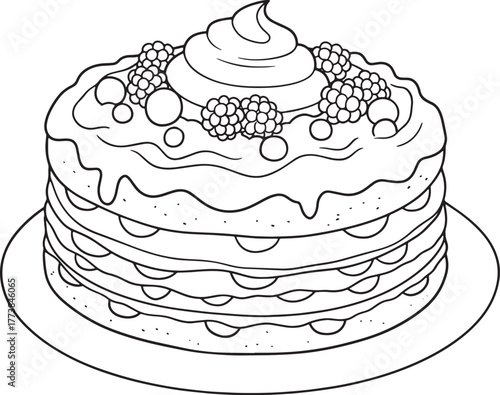 Black and White Illustration of a Layered Cake with Berries and