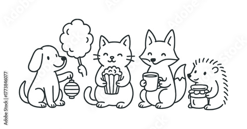 Vector Cute cartoon animals enjoying snacks at festive gathering
