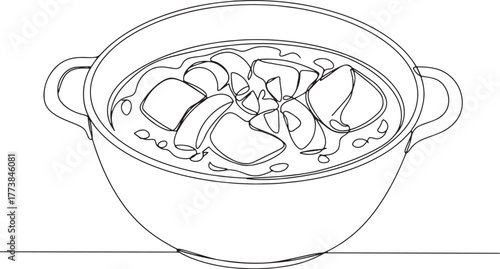 Continuous line drawing showcasing a delectable stew in a cookin