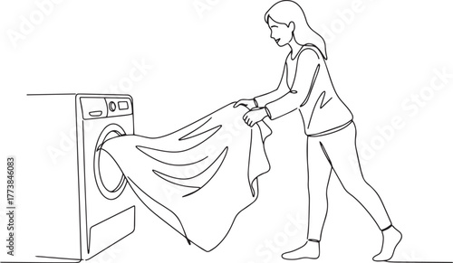 Single line drawing depicting a woman loading clothes into washi