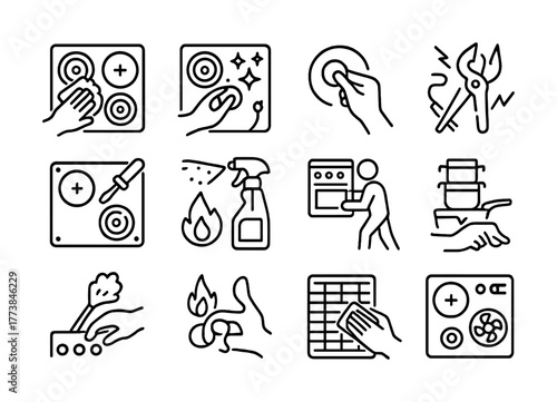 Vector Simple line icons illustrating kitchen cleaning and appliance maintenance tasks