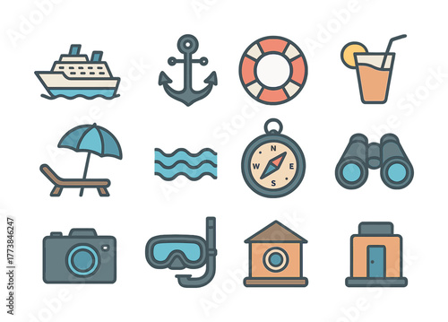 Nautical icons set featuring ship, anchor, lifebuoy, and more