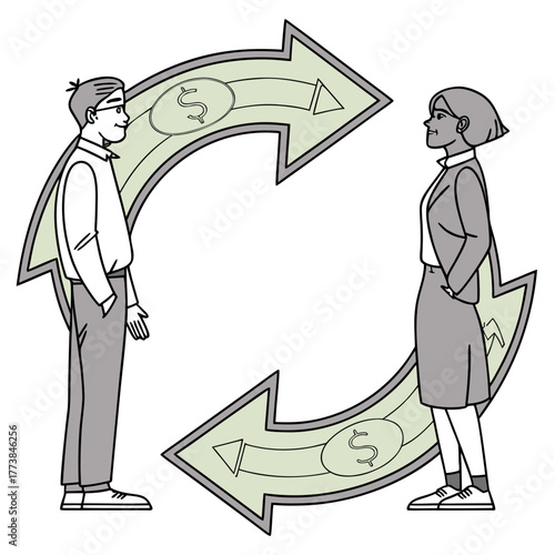 Business professionals engaged in a circular exchange of money and ideas represented by a flowing arrow diagram