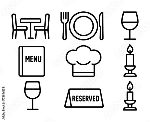 Vector Dining icons: table, menu, chef hat, utensils, candle, reserved sign, wine glasses