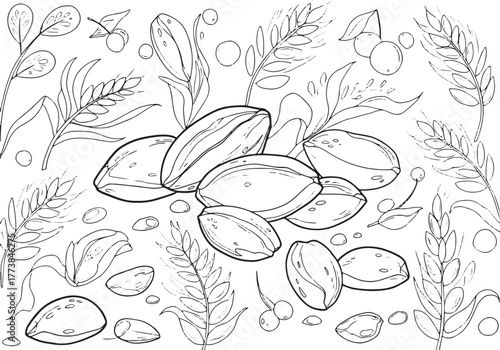 Intricate line art illustration featuring almonds, wheat and ber