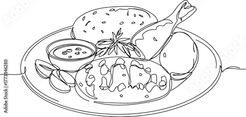 Elegant Single Line Illustration of Gambian Domoda Dish for Culi