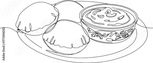 Elegant Line Art Depiction of Halwa Puri, a Traditional South As