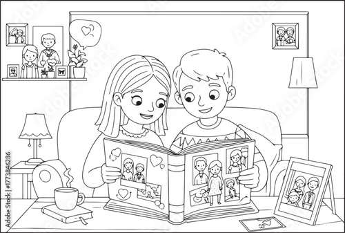 Cartoon couple reminiscing over photo album illustrating cherish