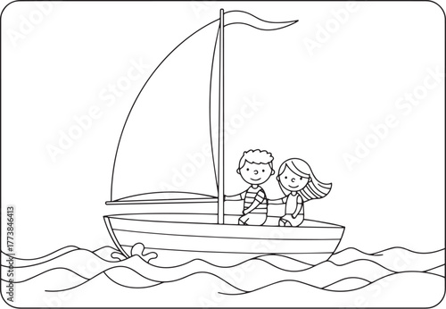 Charming illustration of a couple sailing together on a simple s