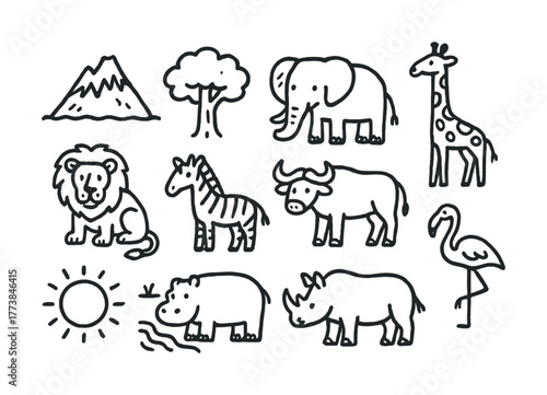 Vector Hand-drawn safari animals collection: elephant, giraffe, lion, zebra, rhino and more