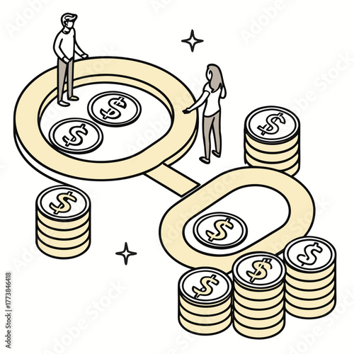 Two people examine stacks of dollar coins under a large magnifying glass symbolizing financial analysis and investment