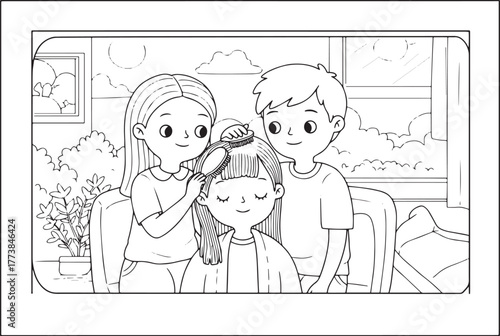 Charming outline illustration of a family grooming session at ho