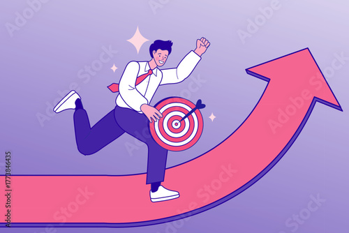 A happy businessman runs up a growth arrow while carrying a successful bullseye target. This duotone outline scene symbolizes achieving goals, hitting sales targets, and career progress.