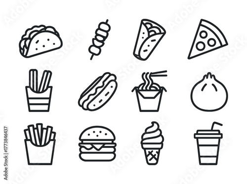 Variety of fast food icons: taco, skewer, wrap, pizza, fries, hot dog, noodles, dumpling, burger, ice cream, drink