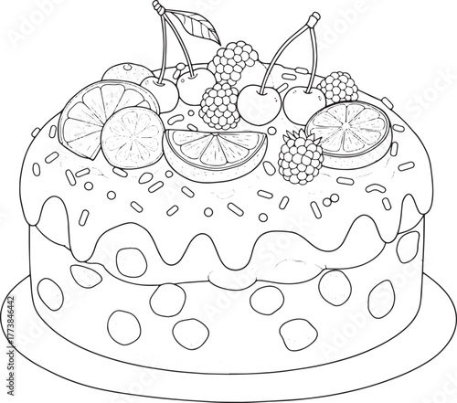 Delightful fruit cake line art illustration with intricate flora