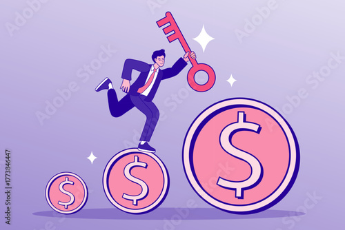 A businessman holds a giant key and runs up a series of growing dollar coins. This duotone outline scene symbolizes finding the key to financial success, investment growth, and unlocking profit.