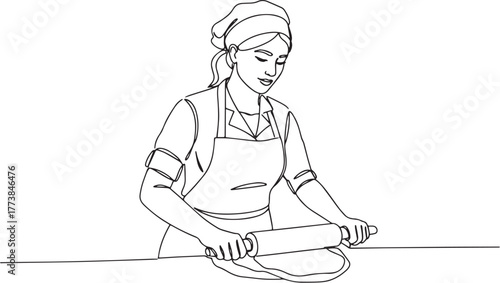 Minimalist outline illustration of a woman rolling out dough wit