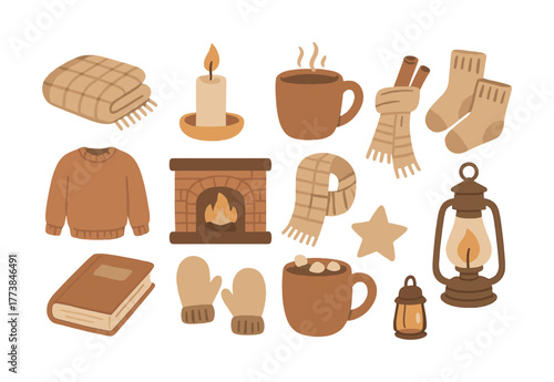 Cozy autumn essentials with warm drinks, knitwear, and fireplace vibes