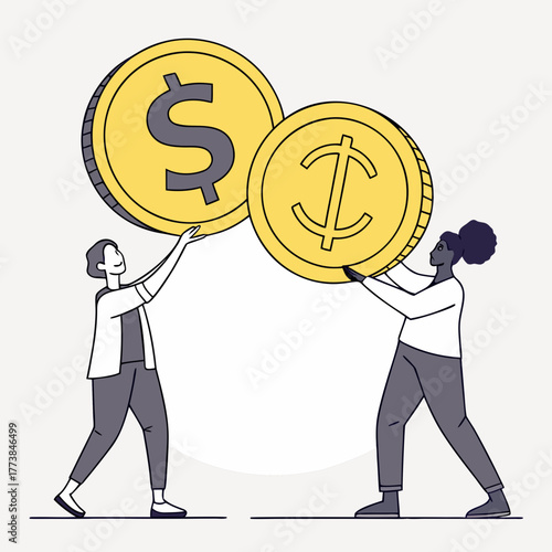 Diverse people holding large gold coins with dollar and cent symbols representing financial growth and investment opportunities