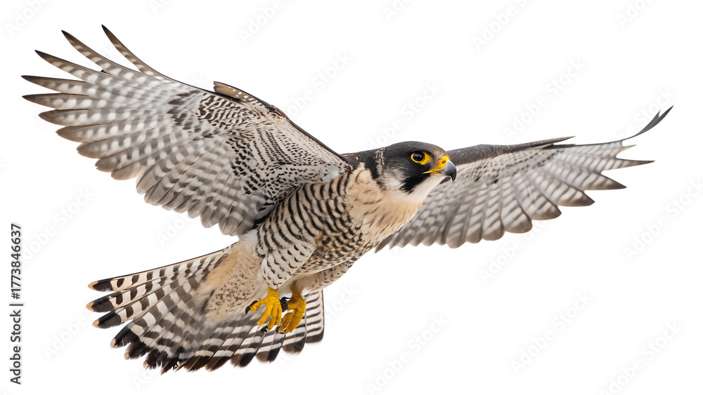 Obraz premium A majestic wild peregrine falcon bird is captured in powerful flight, with its impressive wings spread wide, isolated against a clear background.