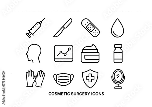 Cosmetic surgery icons set: syringe, scalpel, bandage, cream, mask, mirror, medical symbols