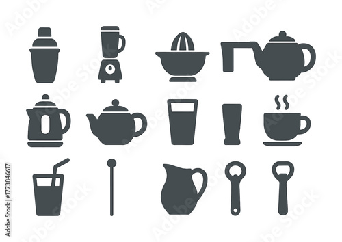Collection of kitchen utensil icons: blender, teapot, glasses, and more