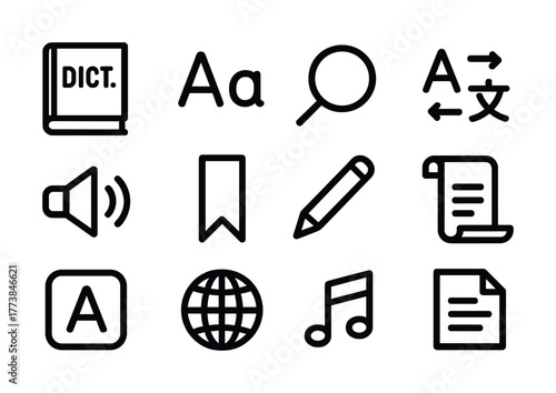 Language and communication icons set: dictionary, translation, sound, writing, search