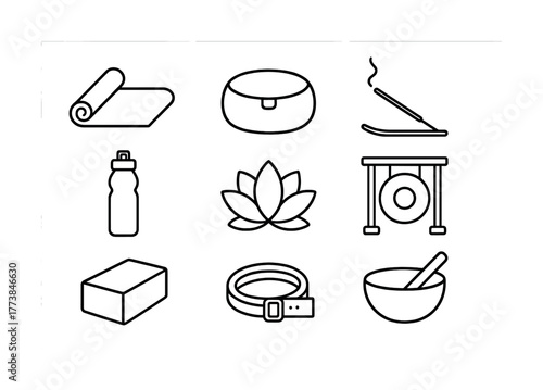 Vector Yoga and meditation icons: mat, cushion, incense, water bottle, lotus, gong, block, belt, bowl