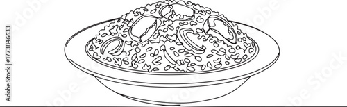 Monochrome line art illustration of traditional Turkmen plov dis