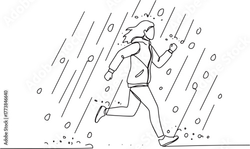 Determined woman jogging valiantly amidst a torrential downpour