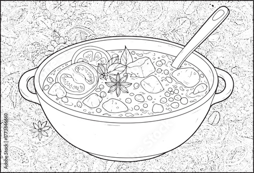 Intricate illustration of a hearty stew or soup against a patter