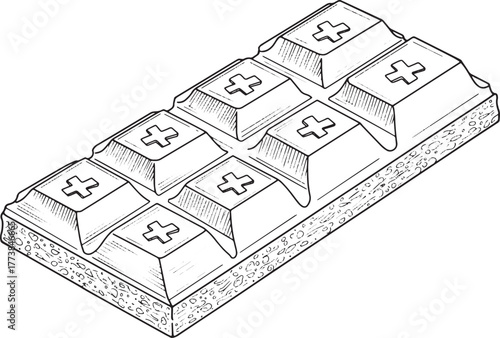 Hand-Drawn Illustration of a Swiss Chocolate Bar with Crosses, M