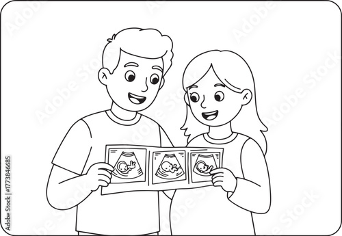 Illustration depicting a couple joyfully observing their baby's