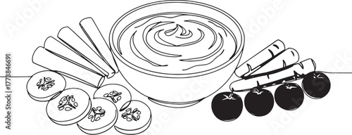 Hummus with assorted fresh vegetables artistic line drawing illu