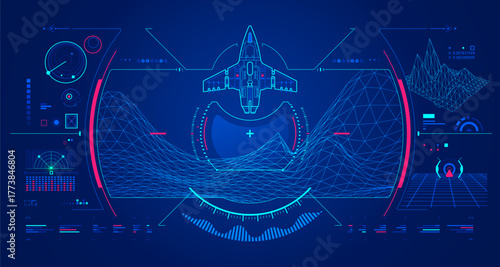 concept of aerospace technology or space exploration, graphic of space shuttle with navigation console interface