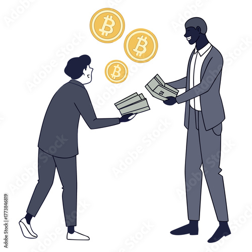 Two businessmen exchanging cash for bitcoin cryptocurrency coins in a modern financial transaction concept